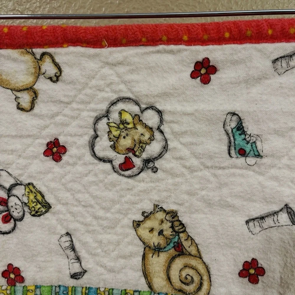 Vintage Flannel Baby Quilt Blanket Handmade Cats Dogs White Yellow Unisex  48x56